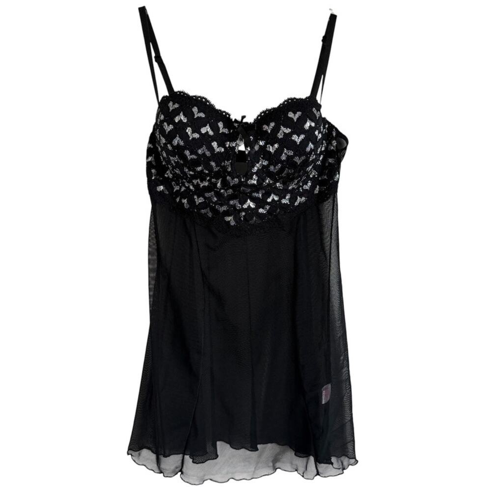Vintage Y2K Native Intimates Black & Silver Hearts Sheer Mesh Babydoll Size 36C